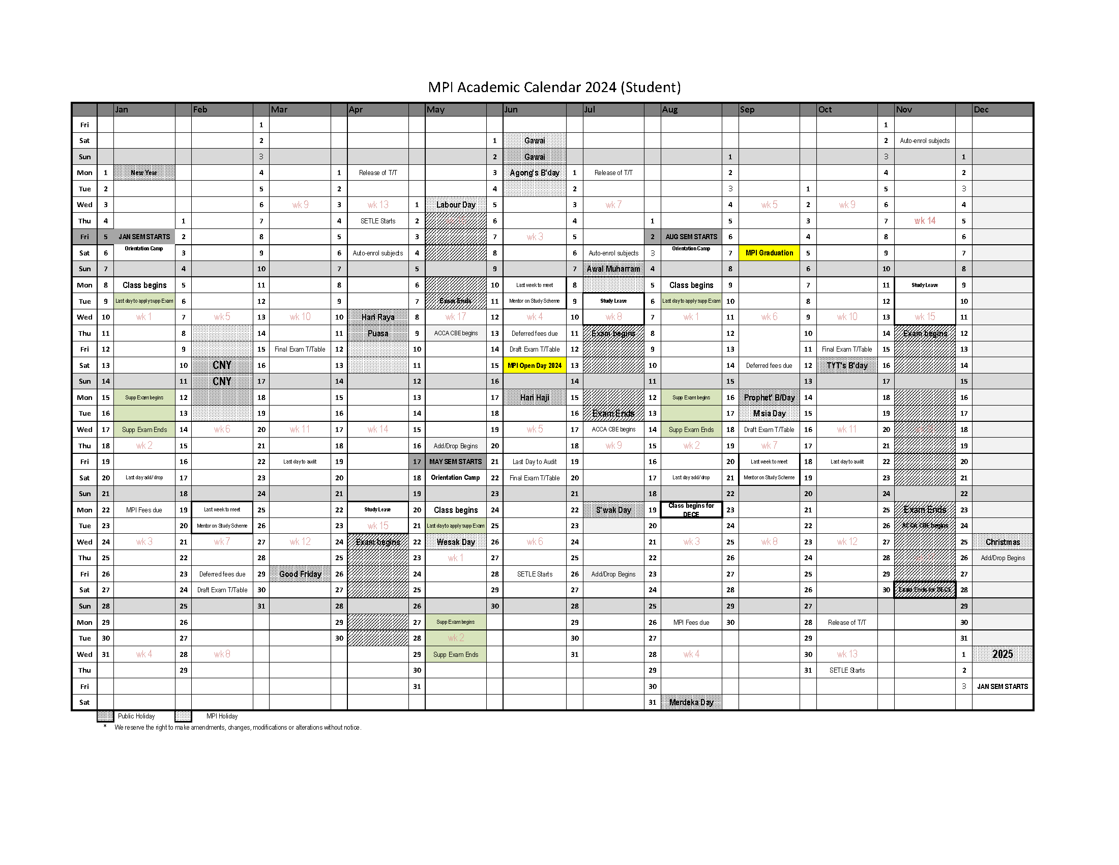 Academic Calendar – Methodist Pilley Institute