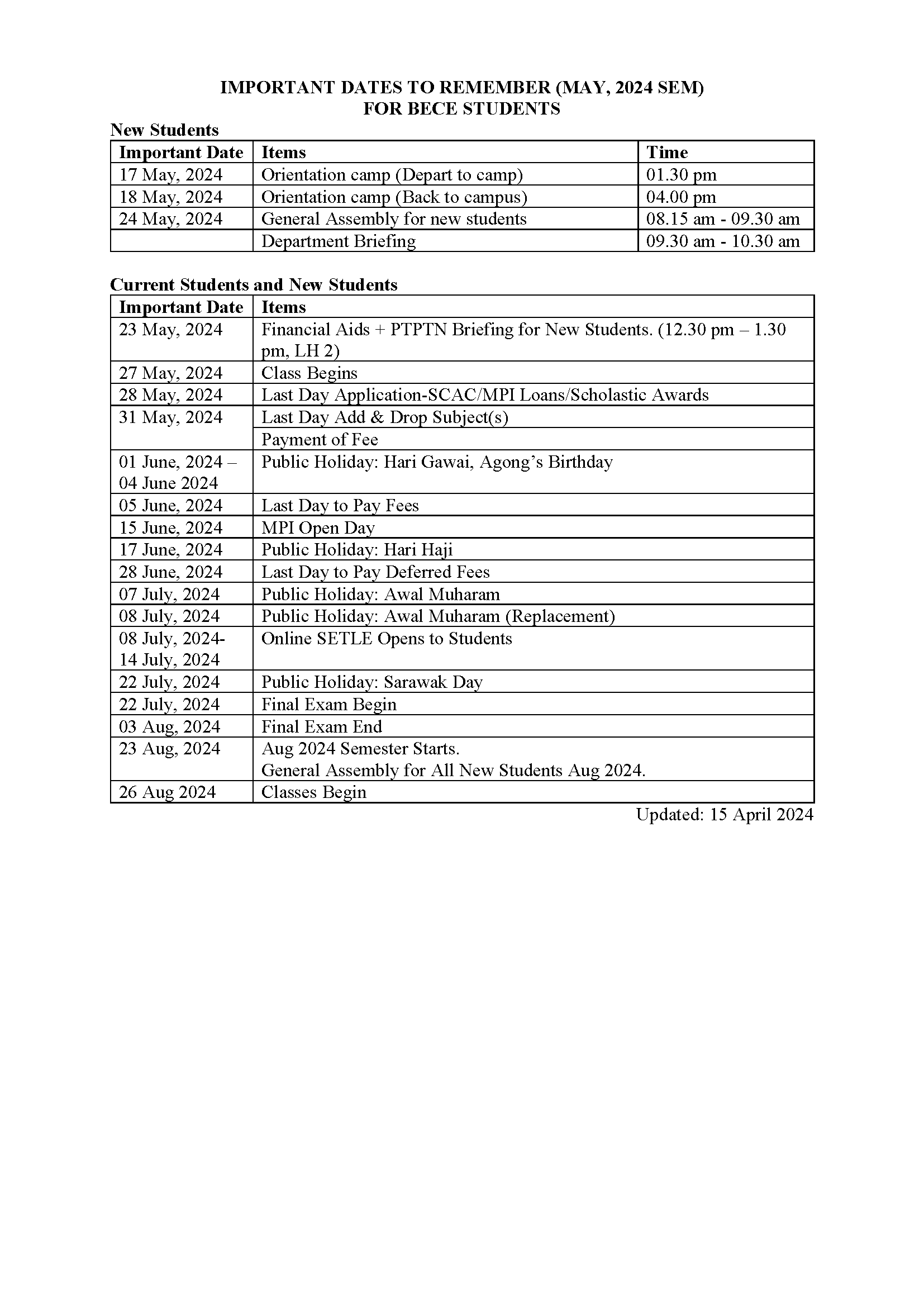 Academic Calendar Methodist Pilley Institute